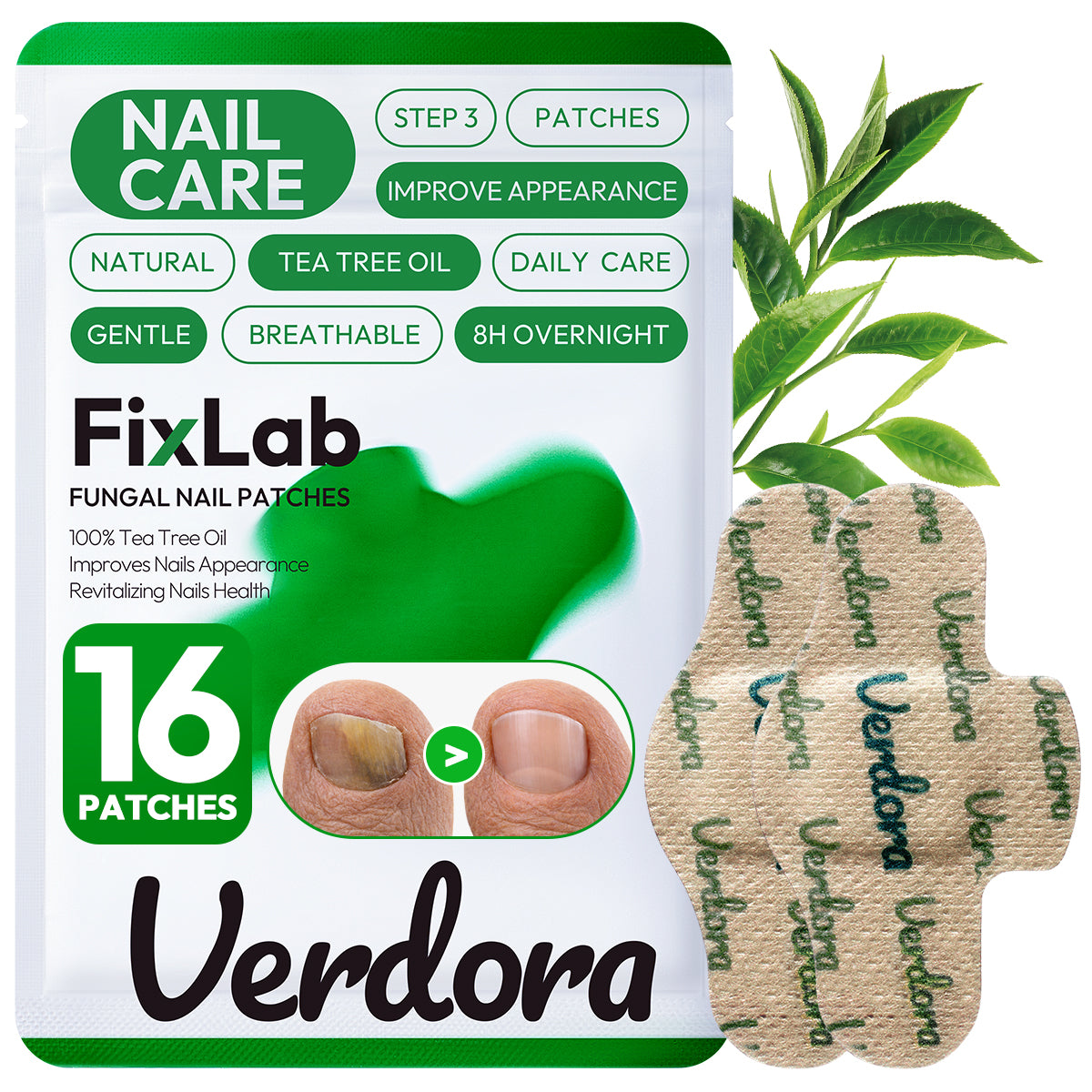 VERDORA FIXLAB Nail Patches, 16 Pcs Nail Treatment Extra Strength Overnight Nail Care with Tea Tree Oil, 8-Hour Moisturizing & Nourishing, for Healthy Appearance, Men & Women