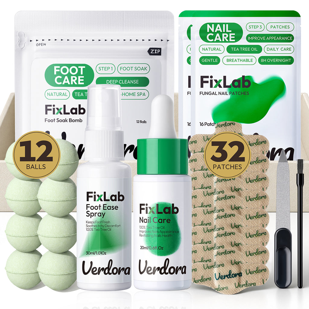VERDORA Toenail Fungus Treatment Nail Care Kit, Fungal Nail Patches with Tea Tree Oil, Nail Care Solution, Foot Soak Balls, File & Brush, At-Home Nail Care for Thick, Yellow & Damaged-Looking Nails
