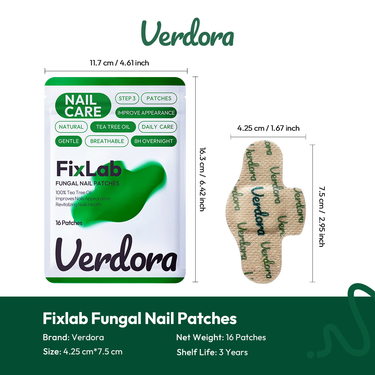 VERDORA FIXLAB Nail Patches, 16 Pcs Nail Treatment Extra Strength Overnight Nail Care with Tea Tree Oil, 8-Hour Moisturizing & Nourishing, for Healthy Appearance, Men & Women