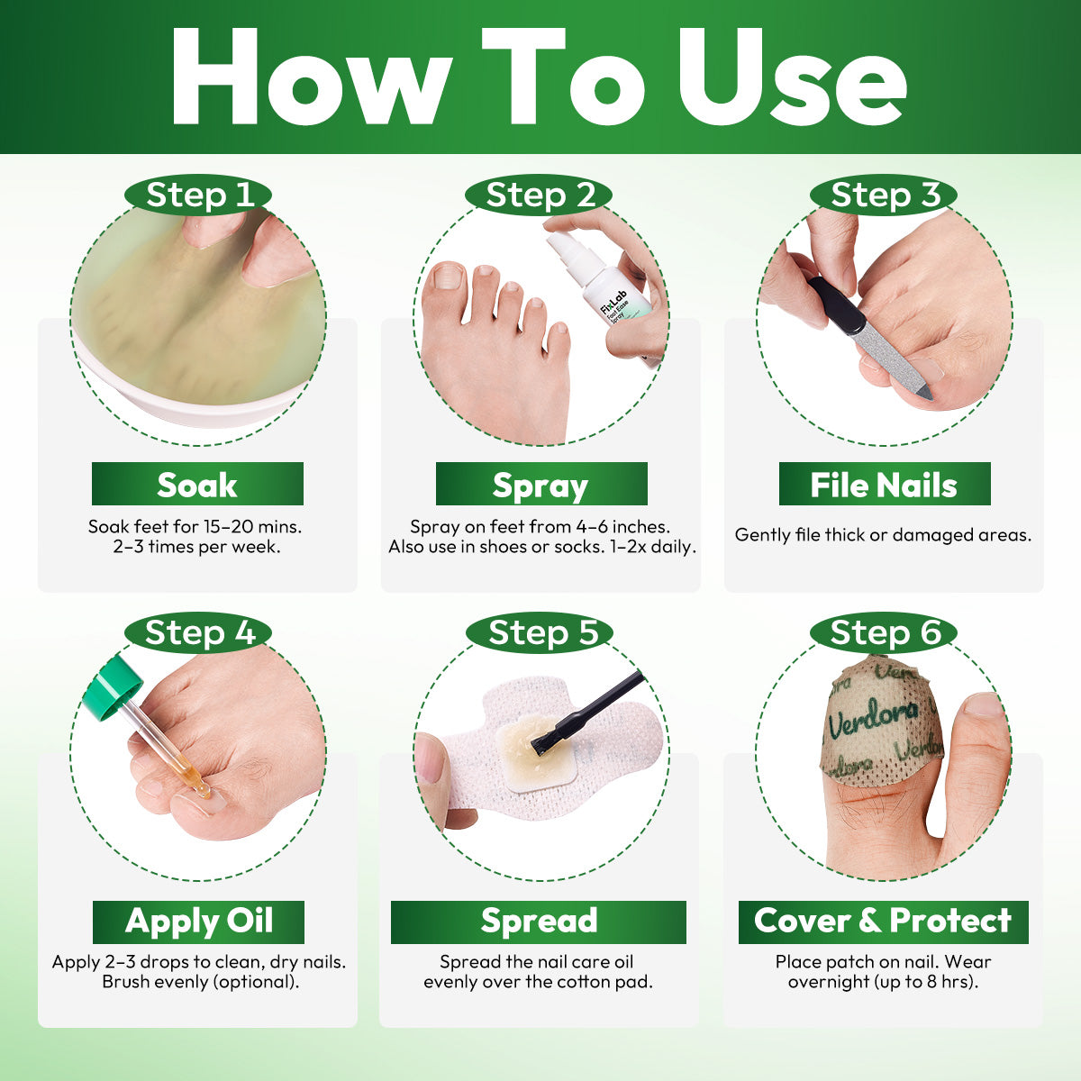 VERDORA Toenail Fungus Treatment Nail Care Kit, Fungal Nail Patches with Tea Tree Oil, Nail Care Solution, Foot Soak Balls, File & Brush, At-Home Nail Care for Thick, Yellow & Damaged-Looking Nails
