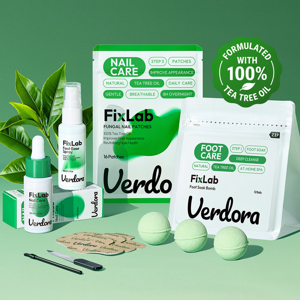 VERDORA Toenail Fungus Treatment Nail Care Kit, Fungal Nail Patches with Tea Tree Oil, Nail Care Solution, Foot Soak Balls, File & Brush, At-Home Nail Care for Thick, Yellow & Damaged-Looking Nails