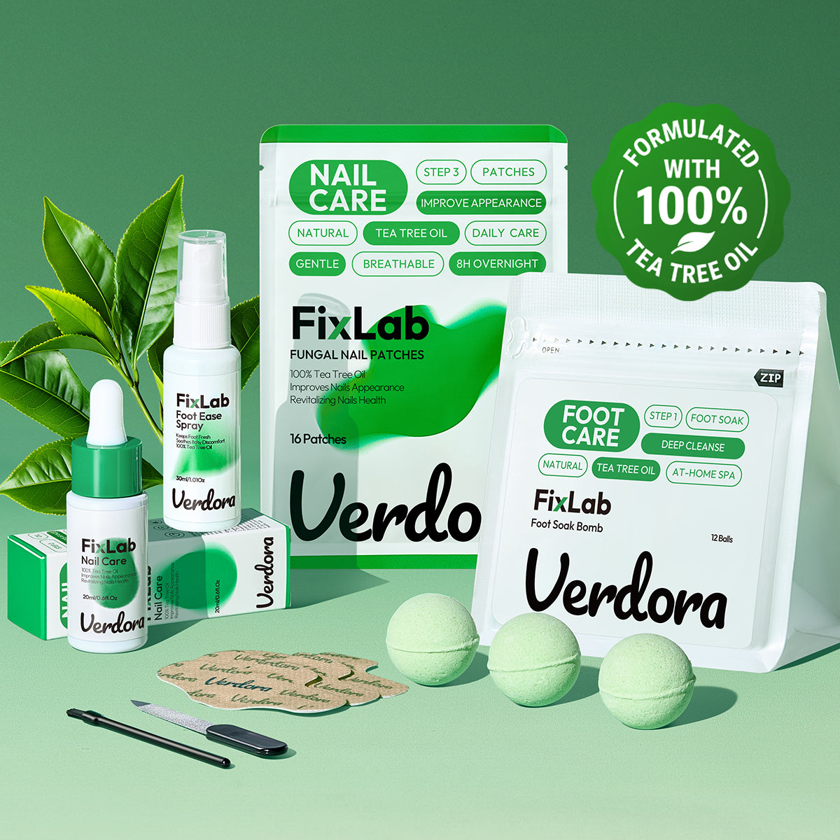 VERDORA Toenail Fungus Treatment Nail Care Kit, Fungal Nail Patches with Tea Tree Oil, Nail Care Solution, Foot Soak Balls, File & Brush, At-Home Nail Care for Thick, Yellow & Damaged-Looking Nails